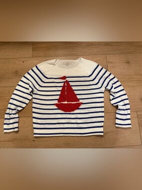 LOFT White & Blue Striped Crewneck Sweater with Red Sailboat